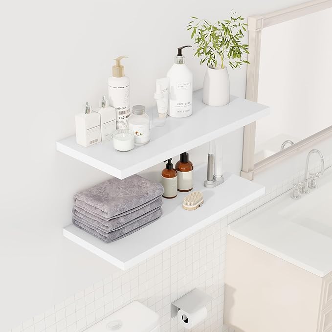 32" Floating Shelves for Wall, 12" Deep Slim White Floating Shelves, Wall-Mounted Shelves for Bedroom, Living Room, Kitchen, Bathroom - Set of 2
