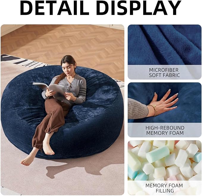 Bean Bag Chair 6Ft, Memory Foam Filled, Large Beanbag Chairs for Adults and Teens, Soft Sofa with Removable Flannel Cover, Round Couch for Living Room Bedroom College Dorm (Blue, 6FT-67×67"×24")