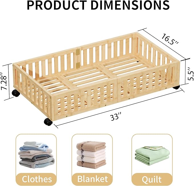 Bamboo Under Bed Storage with Wheels (2-Pack) – Rolling Underbed Shoe Organizer Box for Shoes, Blankets, Toys, Clothes Container Space-Saving Organizer Bins for Bedroom, Closet, Dorm, Nursery