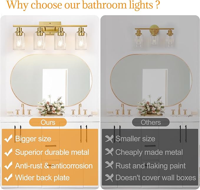 4-Light Vanity Lights with Clear Glass Shades, Brushed Gold Bathroom Light Fixtures Over Mirror, Modern Bathroom Wall Lamp for Mirror Living Room Cabinet Bedroom Porch