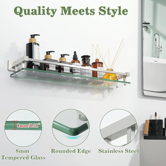 Alise Bathroom Shelf Wall Mounted, Brushed Nickel Large Capacity Glass Shelf for Bathroom, 24 inch