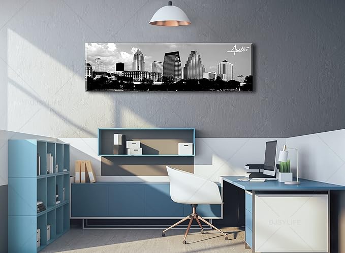 Austin Skyline Wall Art Black and White City Building for Living Room Cityscape Canvas Print Modern Home Decor Artwork Framed 14x48 Inch 1 Panels Panorama Pictures Landscape Poster Decoration