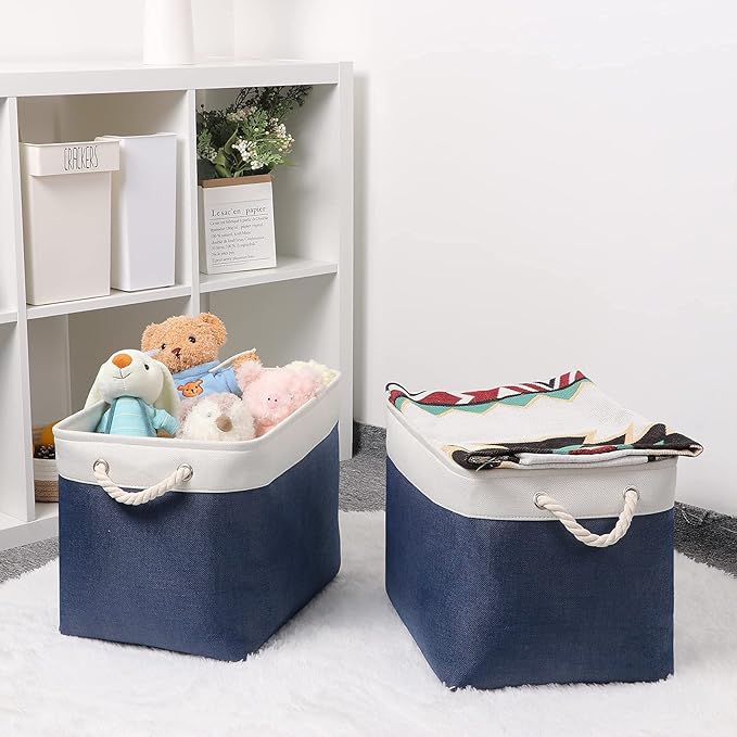 Bidtakay Fabric Storage Baskets with Handles for Organizing 16" x 11.8" x 11.8" Navy Blue Baskets [2-Pack] Shelf Baskets Large Canvas Collapsible Bins for Closet (White&Blue)