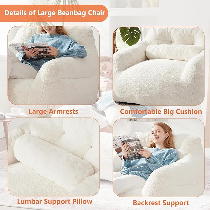 Bean Bag Chair for Adults with Pillow,Oversized Bean Bag Couch Chairs for Adults,Giant Lazy Couch Sofa Chairs with Filler,Large Reading Chair for Living Room Bedroom,White
