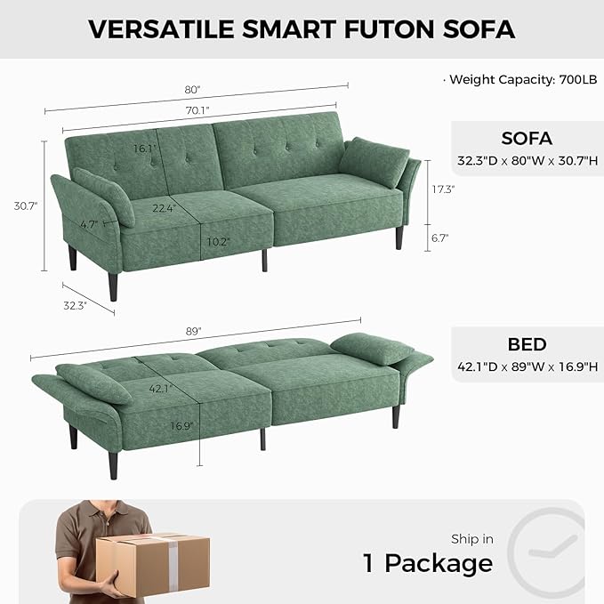 89” Futon Sofa Bed, Comfy Futon Couch Bed with 2 Square Pillows, Convertible Sleeper Sofa with Adjustable Backrest& Armrests, Modern Loveseat Sleeper for Living Room, Bedroom,Light Green