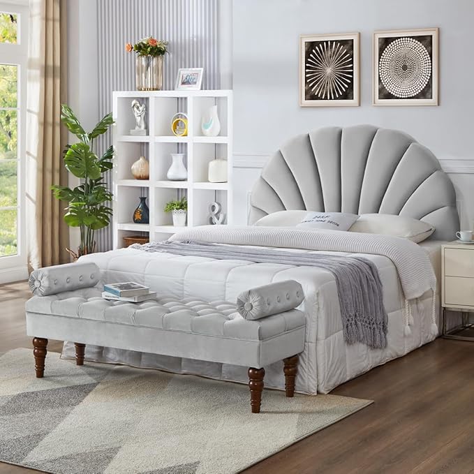 24KF Stunning Crown Design Queen Headboard, Upholstered Soft Velvet Petal Pattern Headboard Queen/Full-Q-Gray