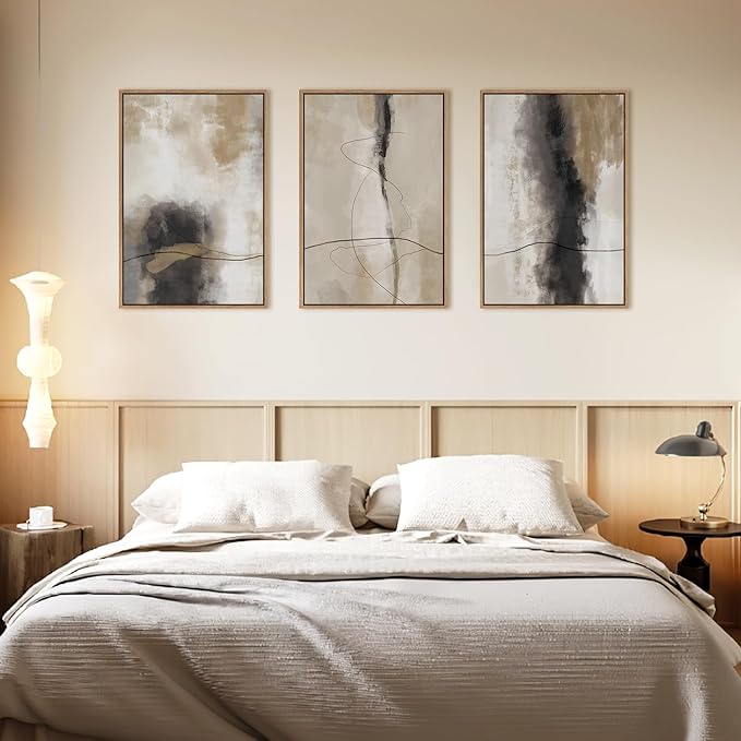 HPINUB Large Modern Abstract Shapes Framed Canvas Wall Art Set,Neutral Black and White Wall Decor,Minimalist Nordic Wall Painting for Living Room,Bedroom,Dining Room,Office -24"x36"x3