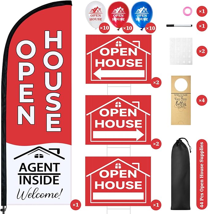 44 Pcs Open House Signs for Real Estate Agent Supplies, Double Sided Open House Flag with Poles Kit, 7.6 x 5.4 Ft Red Opening Sign Banner Set, 5 Pack Yard Signs with Metal Stakes 30 Balloons