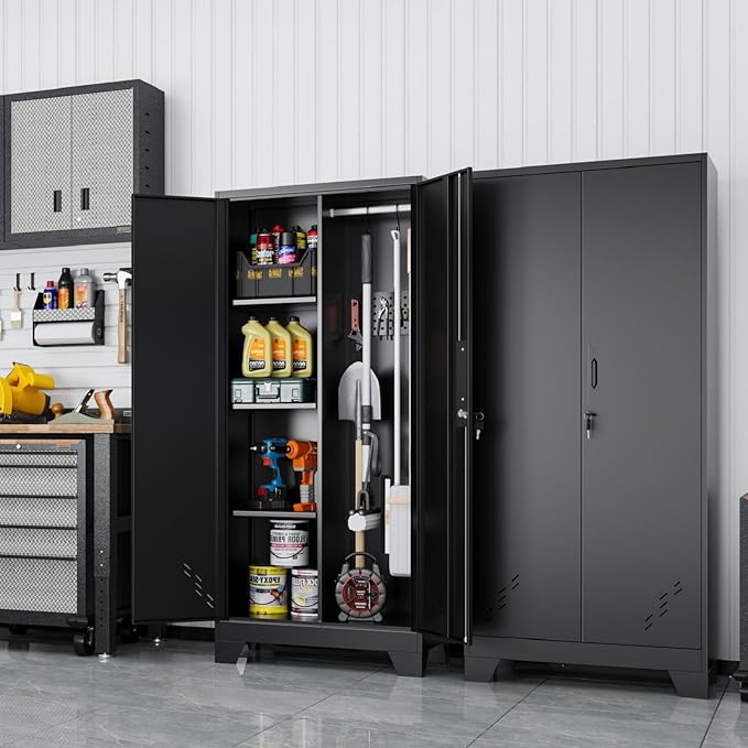 61" H Metal Storage Cabinet, Utility Cabinets with Locking Doors, Laundry Cabinet with Hanging Rod, Garage Tool Storage Cabinets for Home Office, Garage, Bathroom (Black)