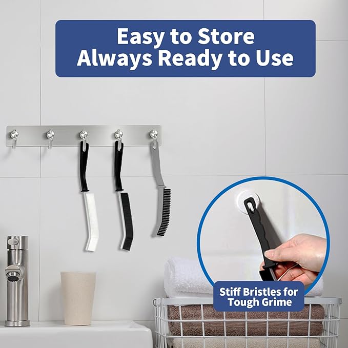 3 Pcs Cleaning Brushes for Household - Crevice Brush for Scrub Small Spaces, Toilet Cleaning Tool with Comfortable Grip, Long&Firm Bristle for Shower Tile Grout, Sinks Gap, Window Tracks, Hinges