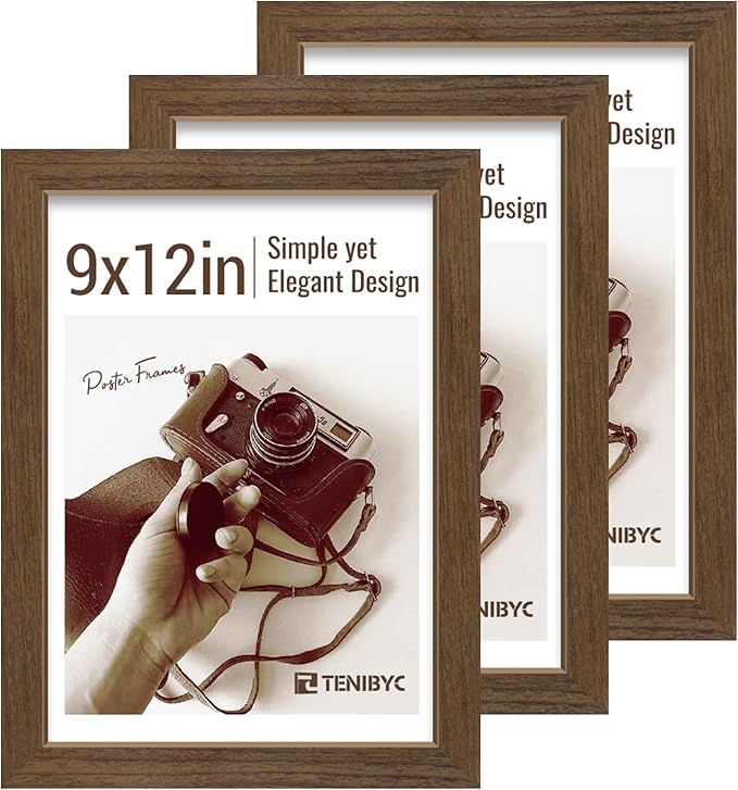 9x12 Frame 3 Pack - Brown Woodgrain, 9 x 12 Picture Frame for Photos, HD Tempered Glass, Tabletop or Wall Display