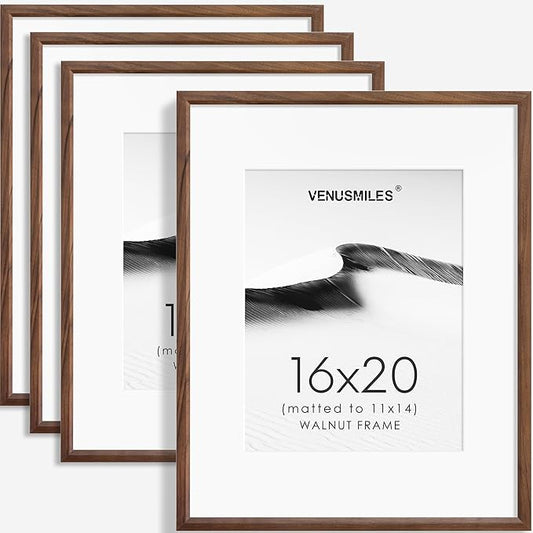 16x20 Picture Frame Set of 4 Natural Solid Walnut Photo Frames with 11x14 Removable Mat Wall Hanging Large Handcrafted Frame with HD Plexiglass Wall and Tabletop Display Large Poster Frame
