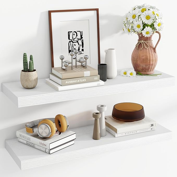 36 Inch Floating Shelves, 11.6 Inch Deep Floating Shelves for Wall, Floating Shelf with Invisible Brackets, Deep Shelves for Bathroom, Bedroom, Living Room, 2 Pack, White
