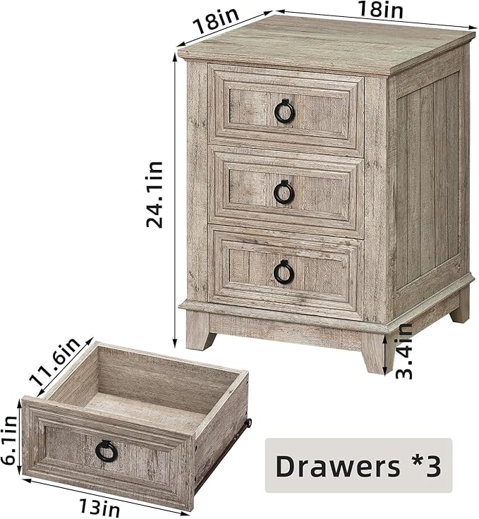 18" Farmhouse Night Stands Set of 2 with Charging Station, 2 & 3 Drawers End Table Dresser for Bedroom, Oak Wooden Nightstand, Bed Side Table with Open Shelf, Bedside Cabinet for Living Room