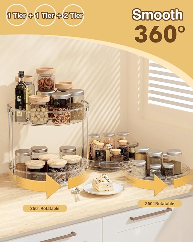 2 Pack Lazy Susan Organizer 9.25''and 11.81'' Two-Tier Lazy Susan Turntable for Cabinet, Spice Rack, and Pantry Storage - Spinning Makeup Organizer for Bathroom, Clear