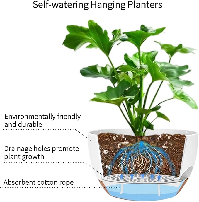 2 Pack Hanging Planters for Indoor Outdoor Plants, 12 Inch Self Watering Hanging Pot with Drainage Holes and Saucer, Plastic Plant Pots, White Brown Flower Pots for Kitchen, Balcony, Garden