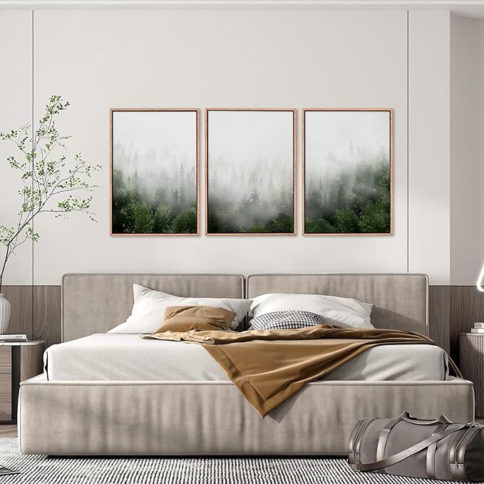 HPINUB Misty Green Forest Framed Canvas Wall Art Set, Nature Scenery Modern Wall Decor, Foggy Mountain Wall Painting, Woodland Landscape Nursery Art Print for Living Room, Bedroom, Office - 16"x24"x3