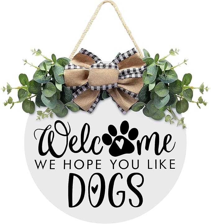 Asoulin Welcome Wreath 'We Hope You Like Dogs' Spring Decor Farmhouse Door Sign for Front Door Decor - Welcome Wreath Hanging Sign for Dogs Lovers Housewarming Gift