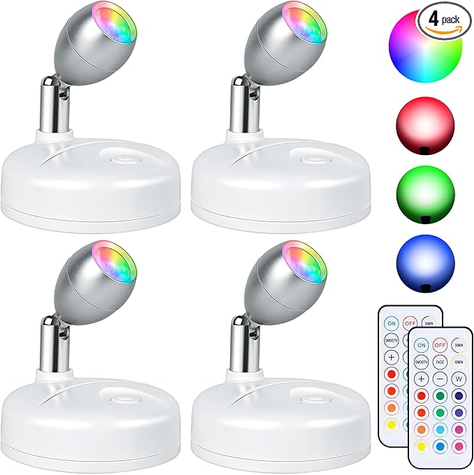 4 Pack Battery Operated Spot Lights Indoor, 13 Color Plant Uplighting Decor, Wall Lights for Pictures, Display for Tree Artwork Bookshelf
