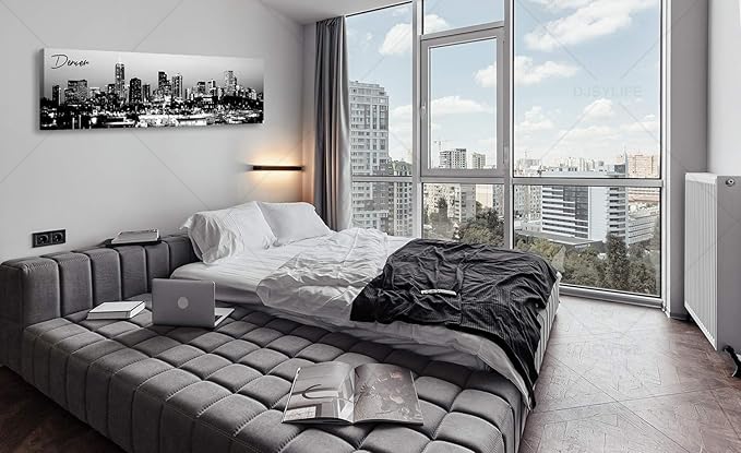 Black and White Wall Art Denver Skyline Cityscape Skyscrapers Canvas Print Painting Landscape USA City Buildings Pictures Modern Artwork for Man Room Office Living Room Decoration 13.8"x47.3"
