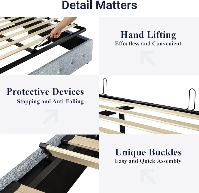 Allewie King Size Lift Up Storage Bed, Button Tufted Headboard with Wingback, Hydraulic Support, No Box Spring Needed, Grey Blue