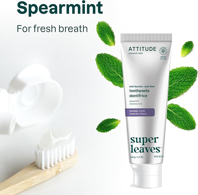 ATTITUDE Enamel Repair Toothpaste with Fluoride, Spearmint Flavor, Vegan & Cruelty-Free, Sugar-Free, Plant & Mineral-Based Ingredients, Clean Oral Care, 4.2 Oz