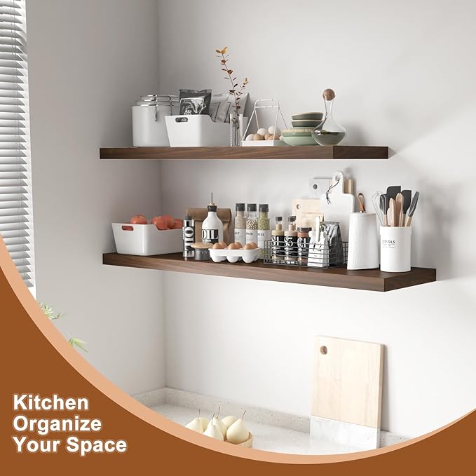 48 Inch Floating Shelf 3 Pack Large Floating Shelves for Wall No Drilling Accessories Included Deep Wall Shelves for Living Room Kitchen Farmhouse 48" W x 12" D x 1.2" Walnut