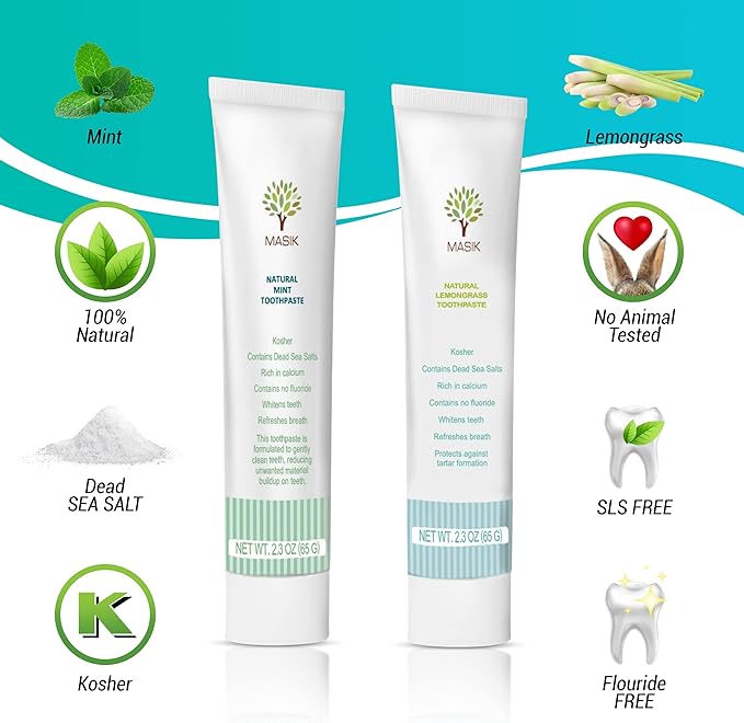 Masik Natural Lemon Grass Toothpaste – Whitening & Sensitive Teeth | Dead Sea Salt | Stain & Plaque Remover | Bleeding Gums & Canker Sore Care | Fluoride & SLS-Free | Non-Foaming | Made in Israel