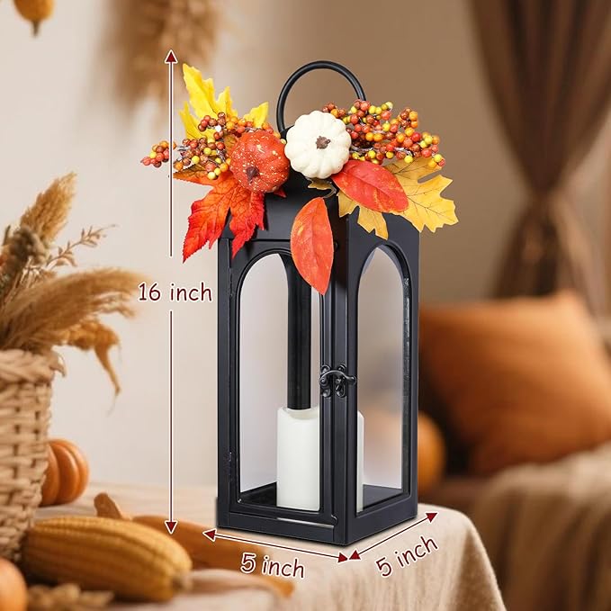 Bdor 2 Pack Fall Lanterns Decor with LED Candle – 16 Inch Harvest Pumpkin Maple Leaf Hanging Lantern for Autumn Thanksgiving Table Centerpiece Indoor Outdoor Decoration, Battery Operated