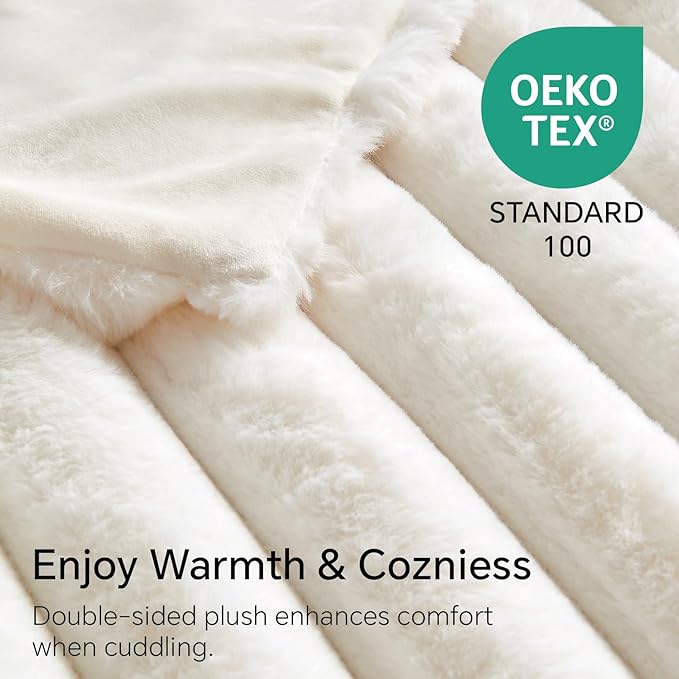 BEDELITE Faux Fur Throw Blanket for Couch, Soft and Cozy Luxurious 3D Striped Fluffy Blanket, 770GSM Thick Warm Plush Fuzzy Faux Rabbit Fur Blanket for Women Gift (Cream, 50"x 60")