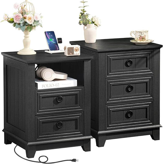 18" Night Stands Set of 2 with Charging Station, Farmhouse 2 & 3 Drawers End Table Dresser for Bedroom, Black Wooden Nightstand, Bed Side Table with Open Shelf, Bedside Cabinet for Living Room