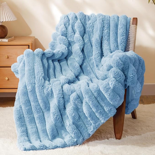 BEDELITE Faux Rabbit Fur Blanket, Luxurious 3D Striped Spring Blanket for Decor & Gift, Soft and Warm Plush Fluffy Faux Fur Throw Blanket All Seasons Suitable, (Light Blue, 50"x 60")
