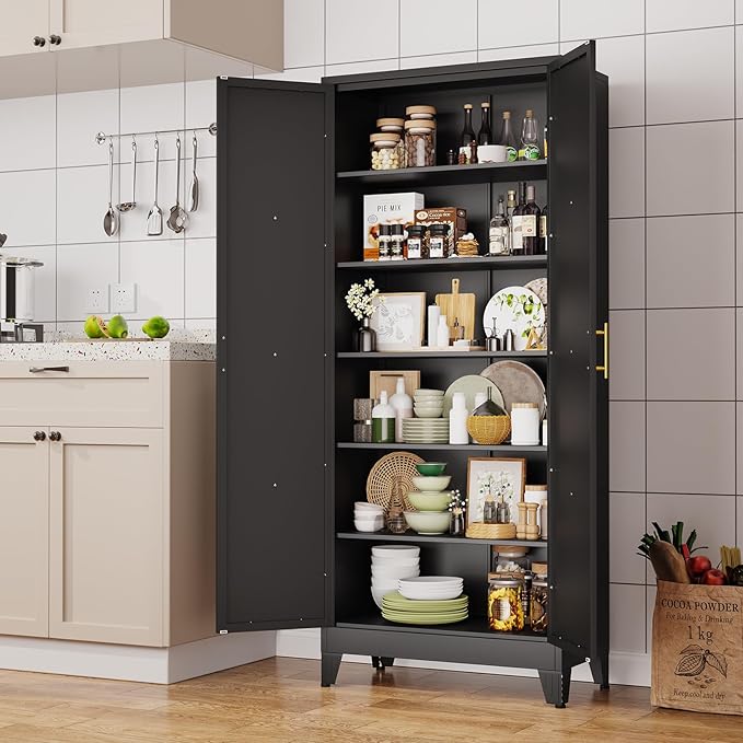 75" Tall Metal Kitchen Pantry Storage Cabinet, Freestanding Cupboard with 2 Doors and 5 Adjustable Shelves, Standing Storage for Kitchen, Bathroom, Garage, Dinning Room or Utility Room（Black）