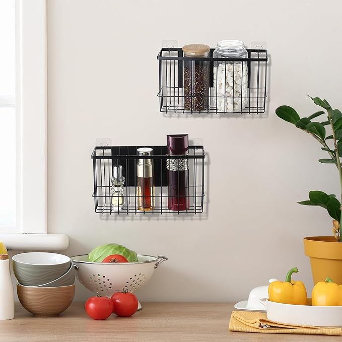 3 Pcs Magnetic or Adhesive Refrigerator Organizer Magnetic Baskets Kitchen Holder for Refrigerator Metal Shelf Rack Storage with 2 Types of Installation(Black)