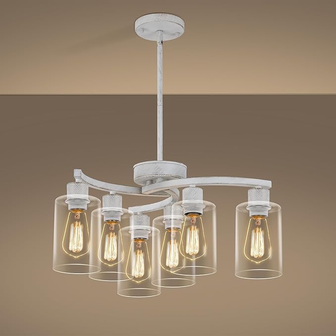 6-Light Antique White Chandelier with Clear Glass Shade, French Country Chandeliers for Dining Room, Adjustable Height Hanging Farmhouse Pendant Lighting for Kitchen Island Entryway Office