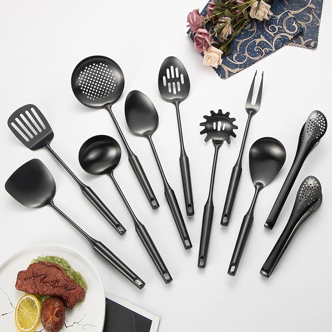304 Stainlss Steel Matte Kitchen Utensils Set, 11 Pcs Long Metal Cooking Utensil Gadgets Tools Set with Spatula, Ladle, Spoon, Ladle, Skimmer, Tunner, Pasta Server, Tongs(Black, Dishwasher Safe)