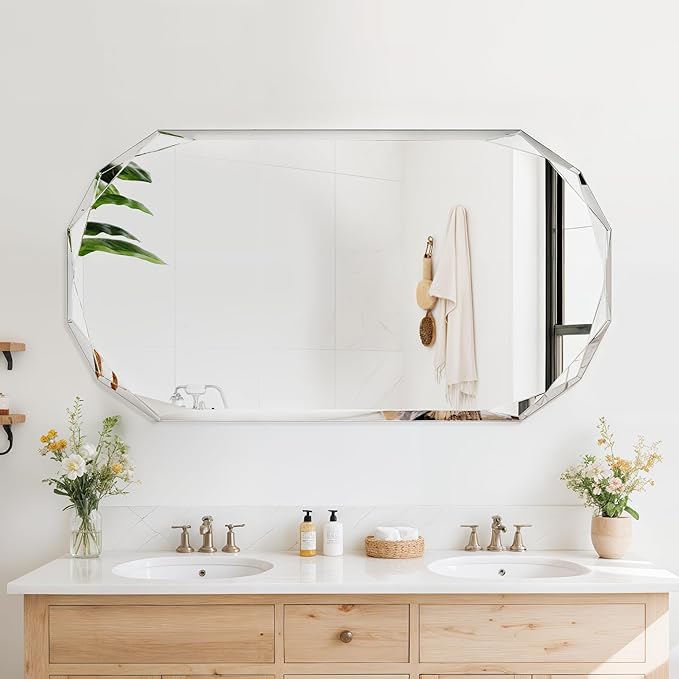 Bathroom Mirror for Wall, 24" x 48" Oval Mirror, Bathroom Vanity Mirror, Beveled Edge Frameless Wall Mount Vanity Mirrors, Wall Mirrors Decorative, Irregular Beveled Edge Mirror