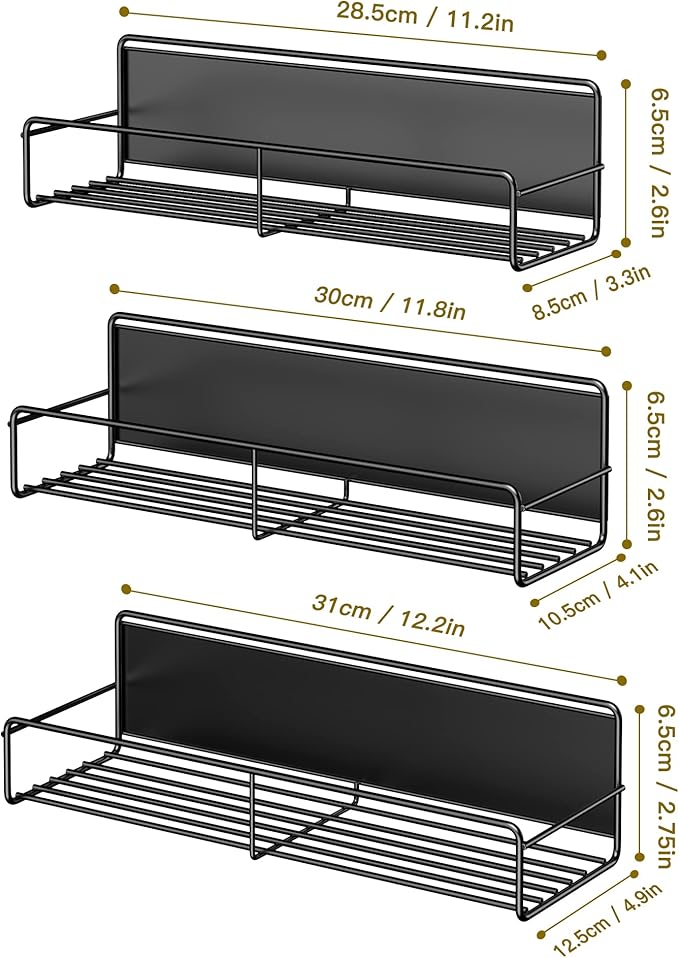 3 Pack Magnetic Spice Rack Organizer, Space Saver for Refrigerator and Whiteboard, Metal Fridge Shelf for Kitchen and Classroom, Black