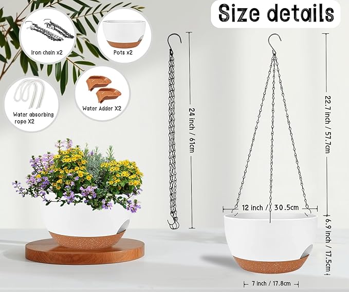 2 Pack 12 Inch Large Hanging Planters with Chains Self Watering White Brown Plastic Hanging Pots for Indoor Outdoor Plants, Garden Porch Home Decor，White Brown