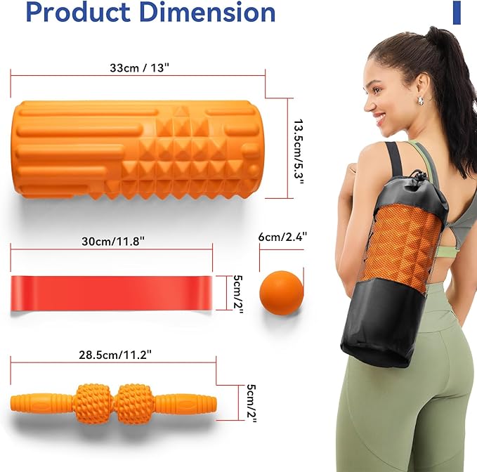 5 in 1 Foam Roller Set - Deep Tissue Foam Roller, Muscle Roller Stick, Massage Ball, Resistance Band for Physical Therapy & Deep Tissue Muscle Massage (Orange)