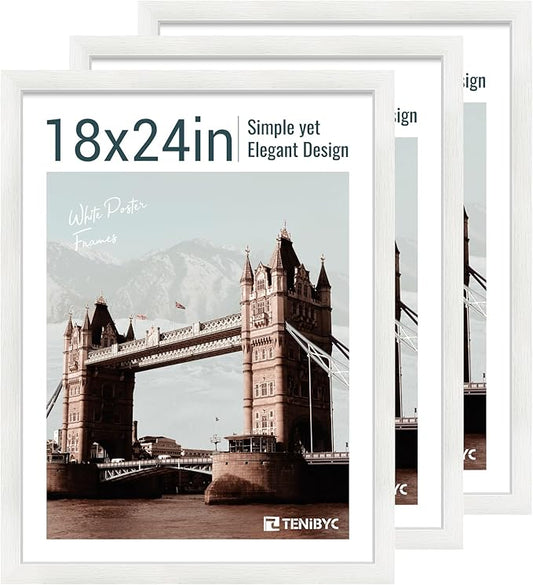18x24 Poster Frame 3 Pack - White Woodgrain, Solid Wood Gallery Picture Frame - Wall Hanging