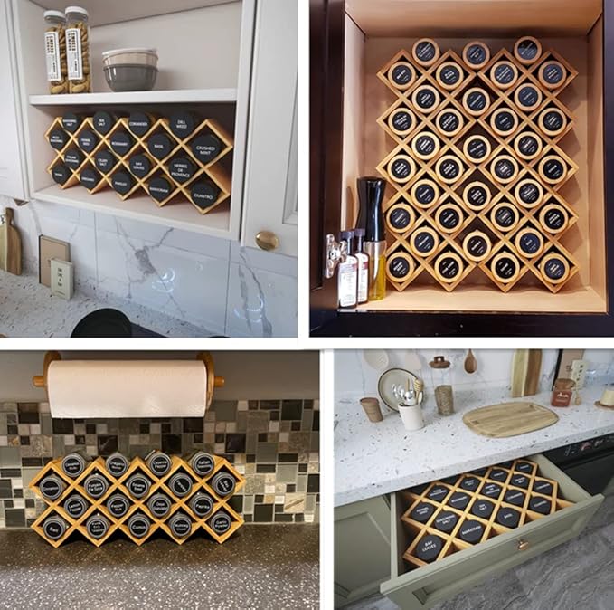 Bamboo Criss Cross Spice Rack Organizer for Cabinet, Wood Seasoning Rack Spice Holder, 18-Jar Spice Rack Tower Spice Storage for Kitchen Countertop Drawer-Jars Not Included