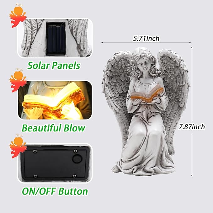 Angel Statue Outdoor Decor, Elegant Angel Garden Statues Reading Book with Solar LED Lights Yard Decorations Lawn Ornaments Figurines Resin Sculpture for Outside, Angel Gardening Gifts