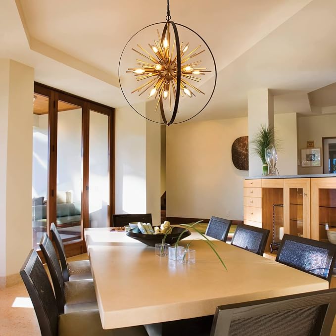 23.2'' Black Gold 12-Light Globe Sputnik Chandelier Modern Industrial Adjustable Hanging Ceiling Firework Pendant Light Fixture for Entryway Foyer Bedroom Dining Living Room Hallway