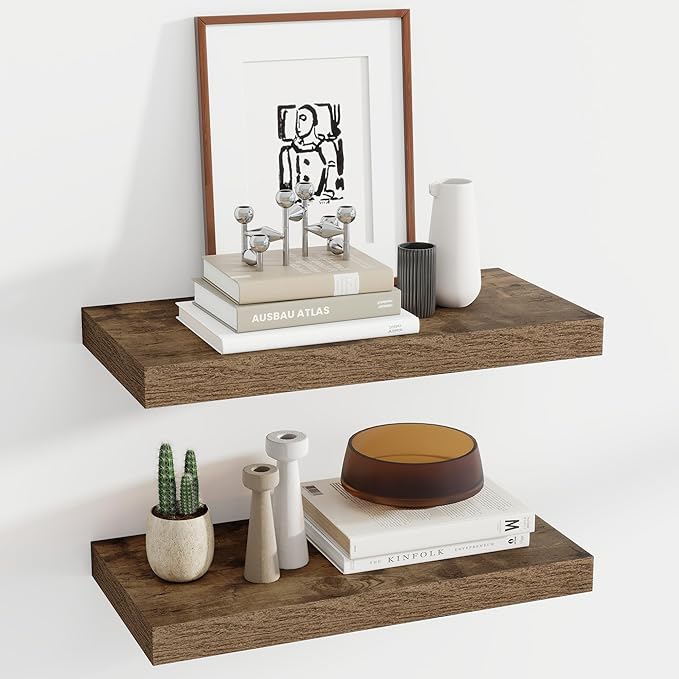 24 Inch Floating Shelves, 11.6 Inch Deep Floating Shelves for Wall, Floating Shelf with Invisible Brackets, Deep Shelves for Bathroom, Bedroom, Living Room, 2 Pack, Brown