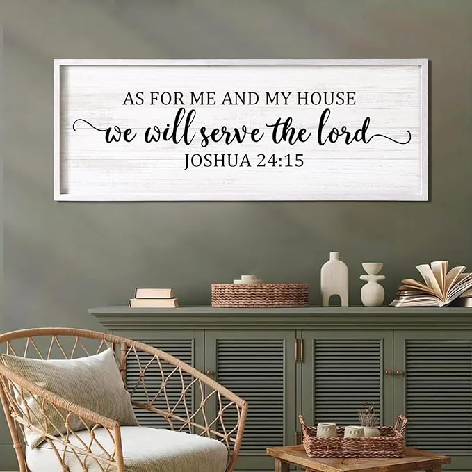 As For Me And My House We Will Serve The Lord Framed Wall Art, 40''×15'' Positive Religious Rustic Bible Verse for Christian God Jesus Christ Prayer, Vintage Horizontal Holy Catholic Scripture Decor