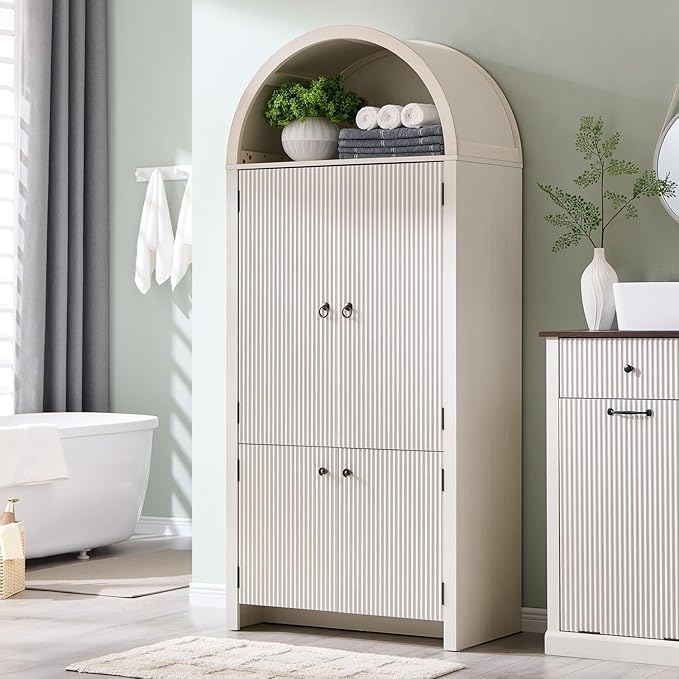 71" Tall Arched Bathroom Storage Cabinet, Modern Fluted Storage Cabinet w/Doors, 3 Adjustable Shelves, 6 Door Shelves, Wood Freestanding Cabinet for Bathroom, Entryway, Hallway, Antique White