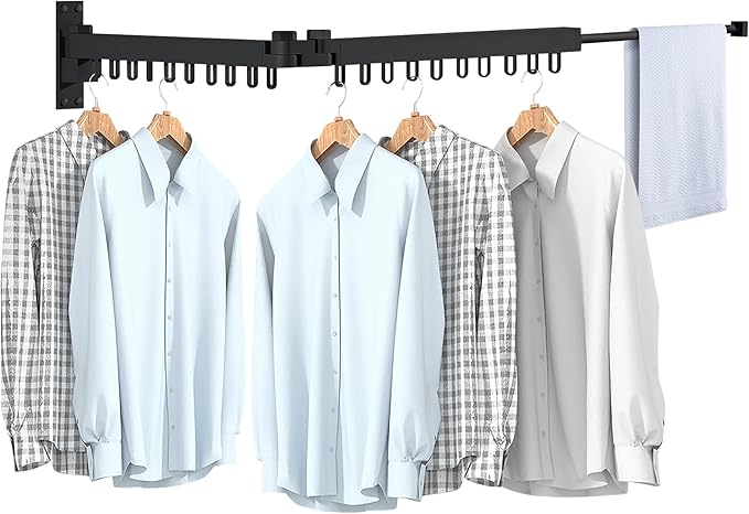 Bakala Clothes Drying Rack Foldable, Laundry Drying Rack Clothing Wall Mounted, Clothing Racks for Hanging Clothes, Heavy-duty Space Saving Hanger,Retractable,Expandable,Collapsible, 64" (Hooks,Black)