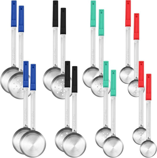 16 Pcs Portion Control Serving Spoons, Restaurant Measuring Serving Ladle Utensils, Portion Control Slotted Scoops for Weight Loss, Solid and Perforated Scoops(4 Colors,4 Sizes)