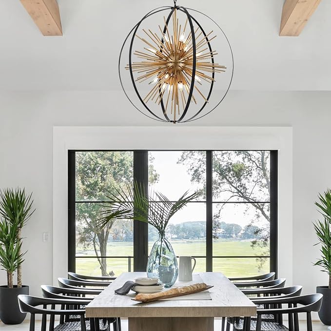 31.5" Black Gold 16-Light Globe Sputnik Chandelier Modern Industrial Adjustable Hanging Ceiling Firework Pendant Light Fixture for Entryway Foyer Stairway Bedroom Dining Living Room Hallway